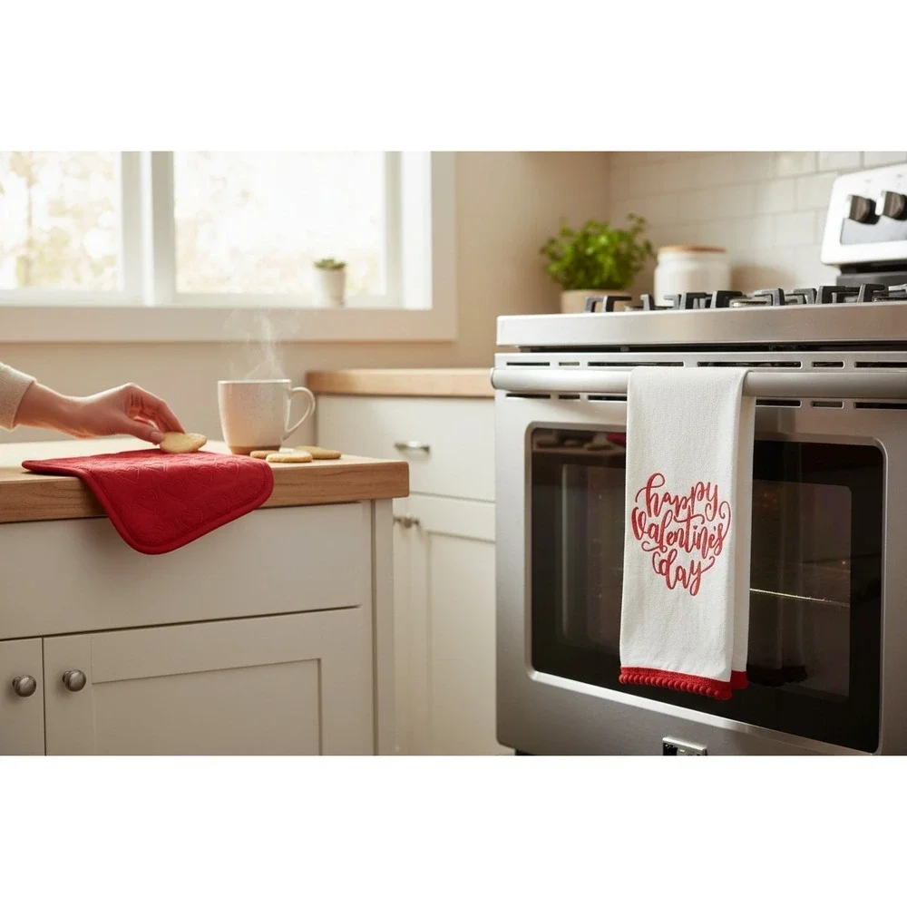 Always First Potholder Dish Towel Set Red White New Valentine Heart